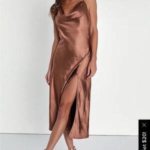 Lulu's Bronze Satin Slip Dress with Cowl Neck